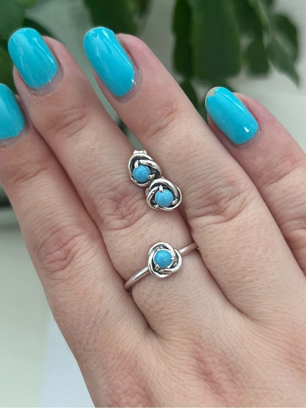 NWT Pandora Circle Turquoise Ring & Stud Earrings Set, Blue, 925 Sterling Silver